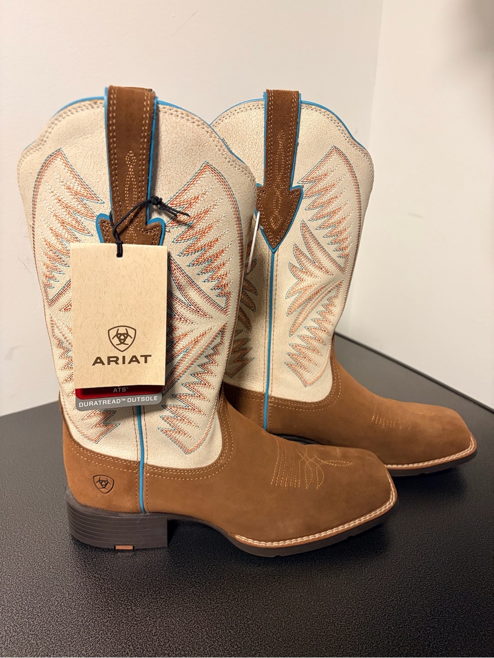 Ariat Two-Tone Brown and Cream Western Cowboy Boots with Blue Trim